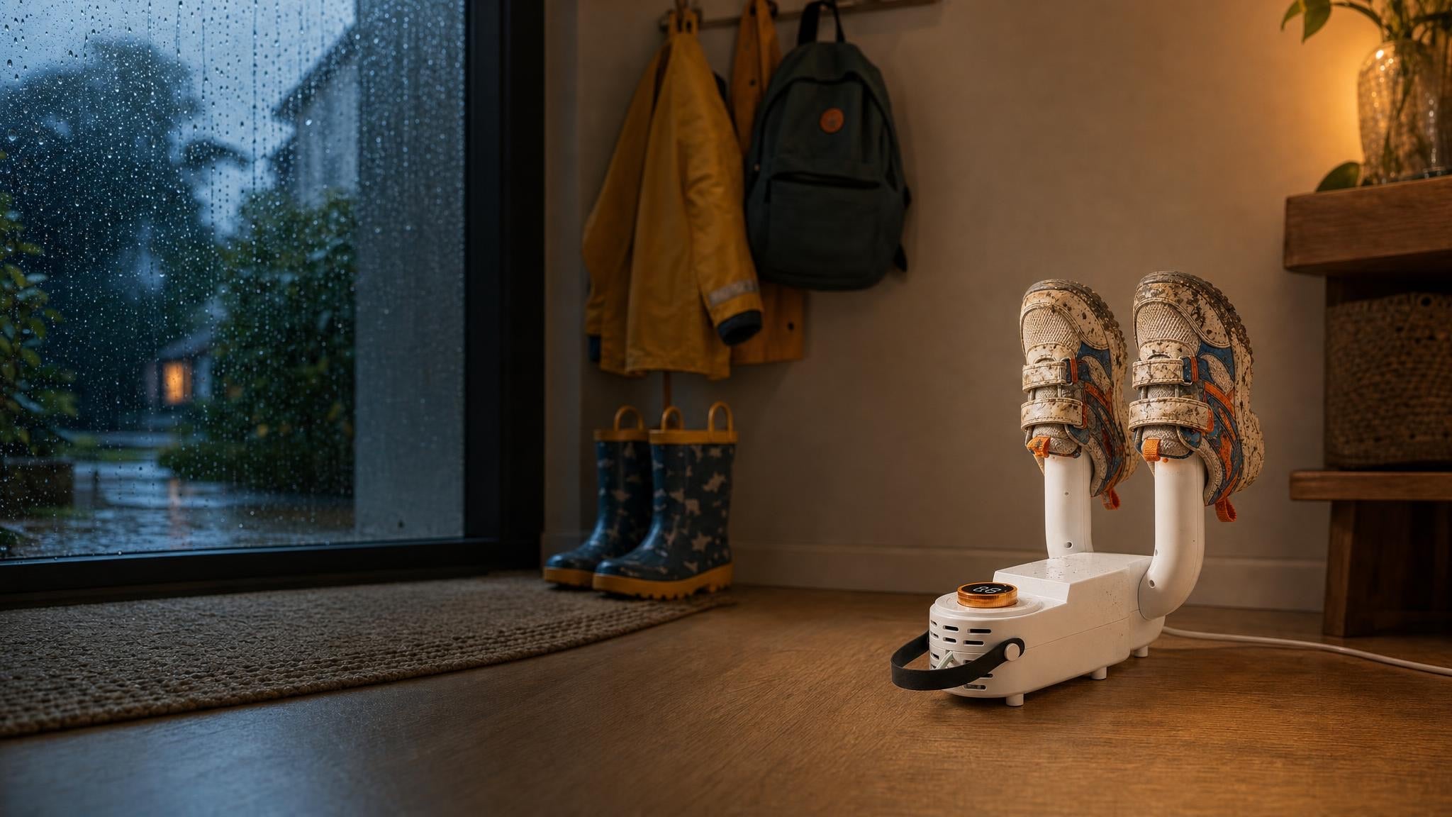 Secador de calzado Secora secando unas zapatillas de niño en casa un día de lluvia
